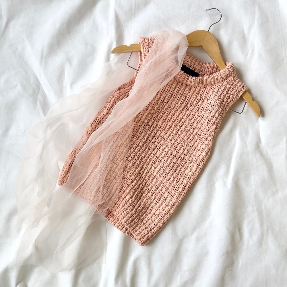 Zara Tulle Trim Mockneck Sleeveless Knit Top Women's S Pink Cottagecore Coquette